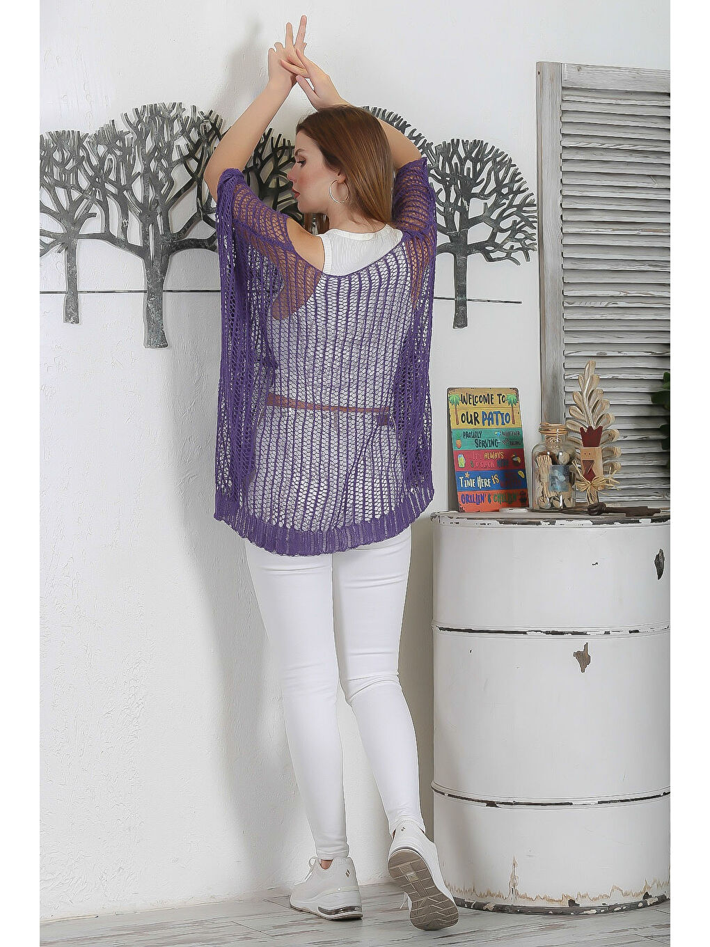 Mor Kayık Yaka Kolsuz File Casual Oversize Triko Bluz-7