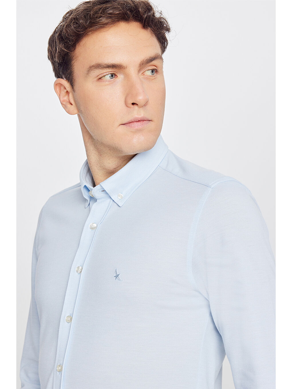 Erkek Mavi 360 Her Yöne Esneyen Pamuklu Tailored Slim Fit Dar Kesim Düğmeli Yaka Örme Gömlek-3