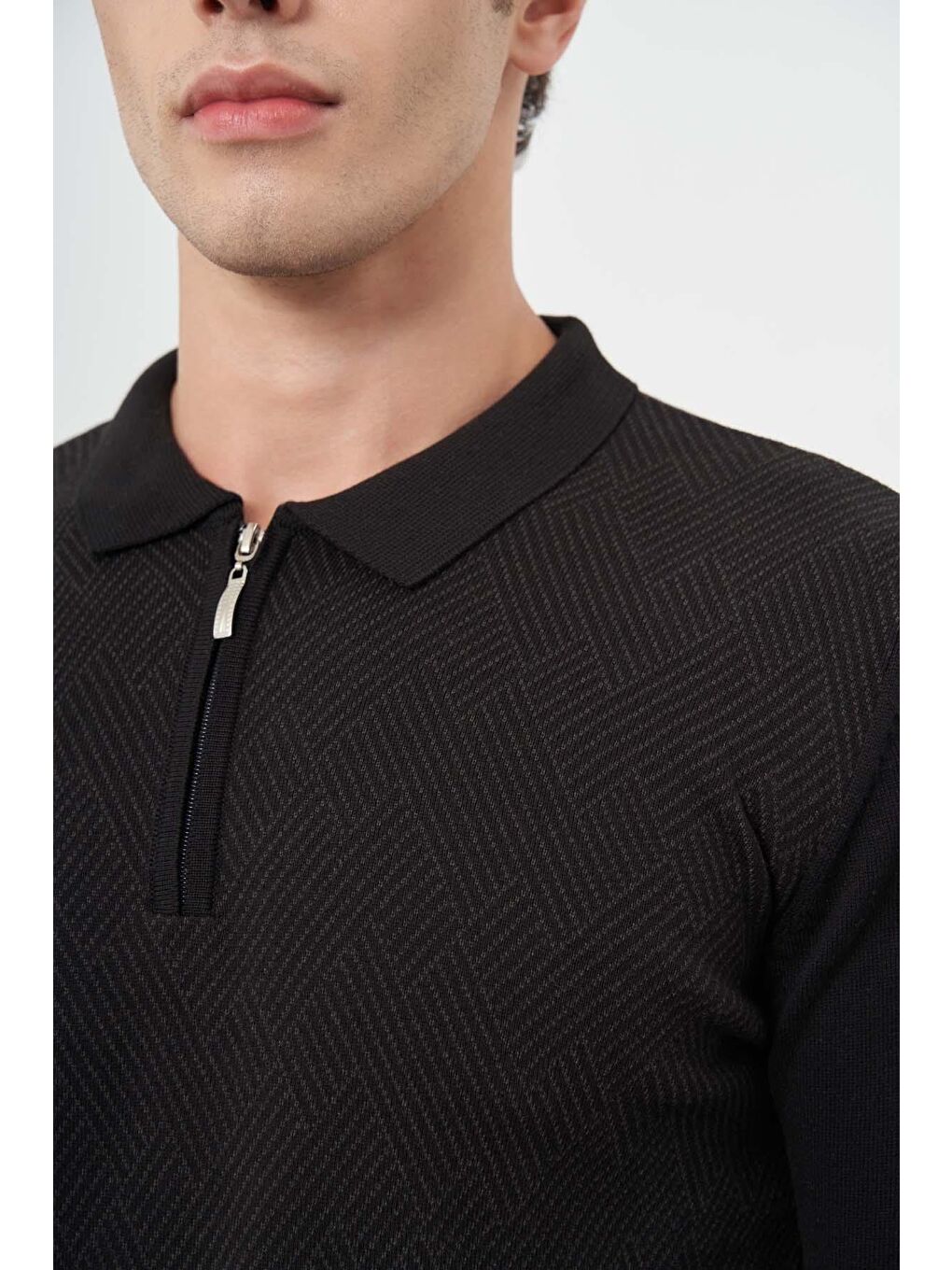 Siyah Uzun Kol Kendinden Desenli Örme Polo Yaka Classic Comfort Fit Triko 1012245160-3