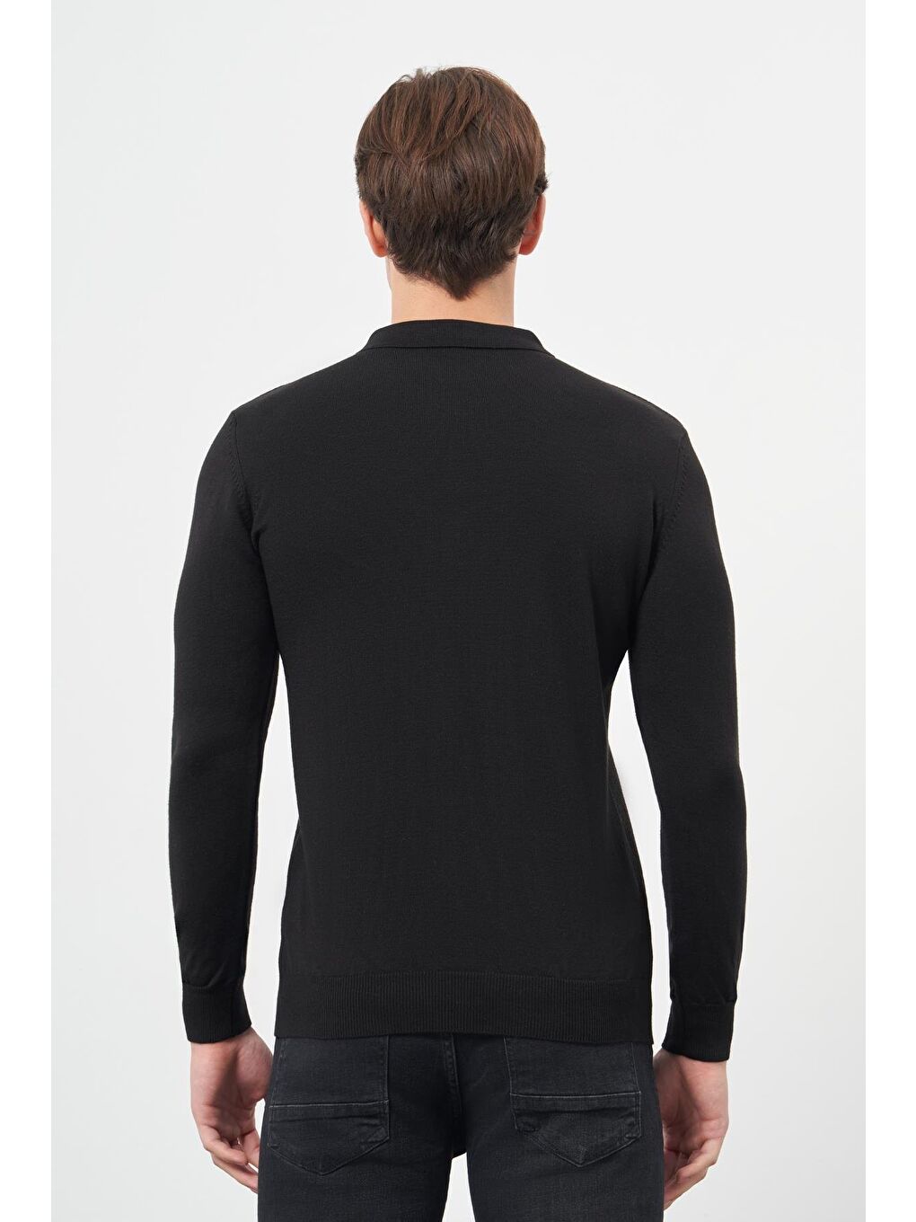 Siyah Uzun Kol Kendinden Desenli Örme Polo Yaka Classic Comfort Fit Triko 1012245160-4