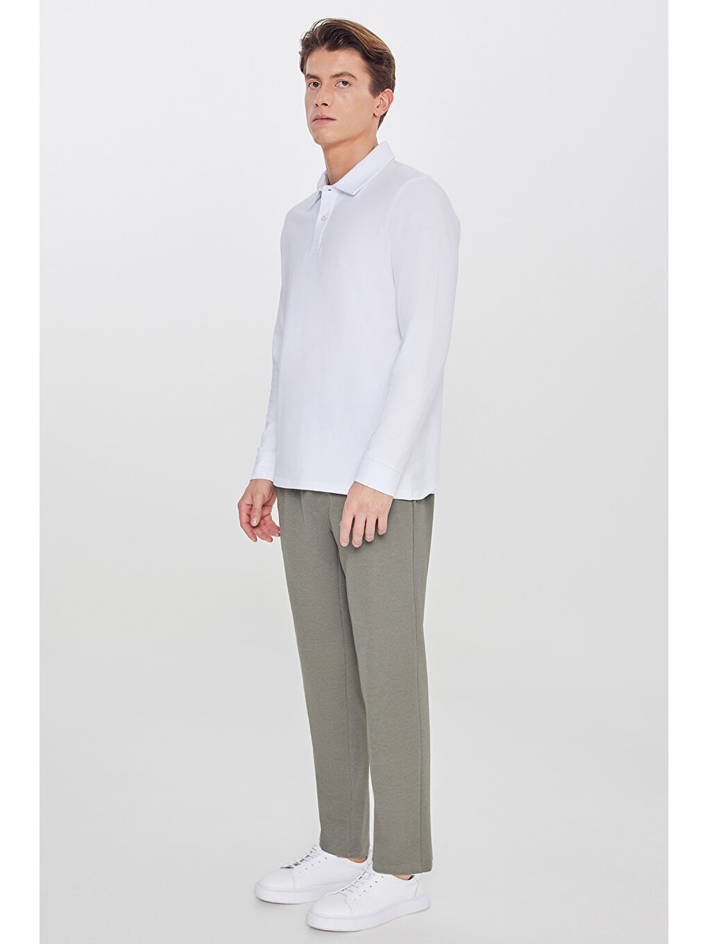 Erkek Haki Pamuklu Standart Fit Normal Kesim Beli Lastikli Diagonal Desenli Örme Pantolon-2