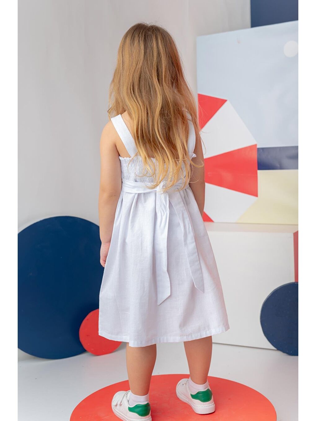 Kız Çocuk Askılı Cepli Midi Elbise - Beyaz-2
