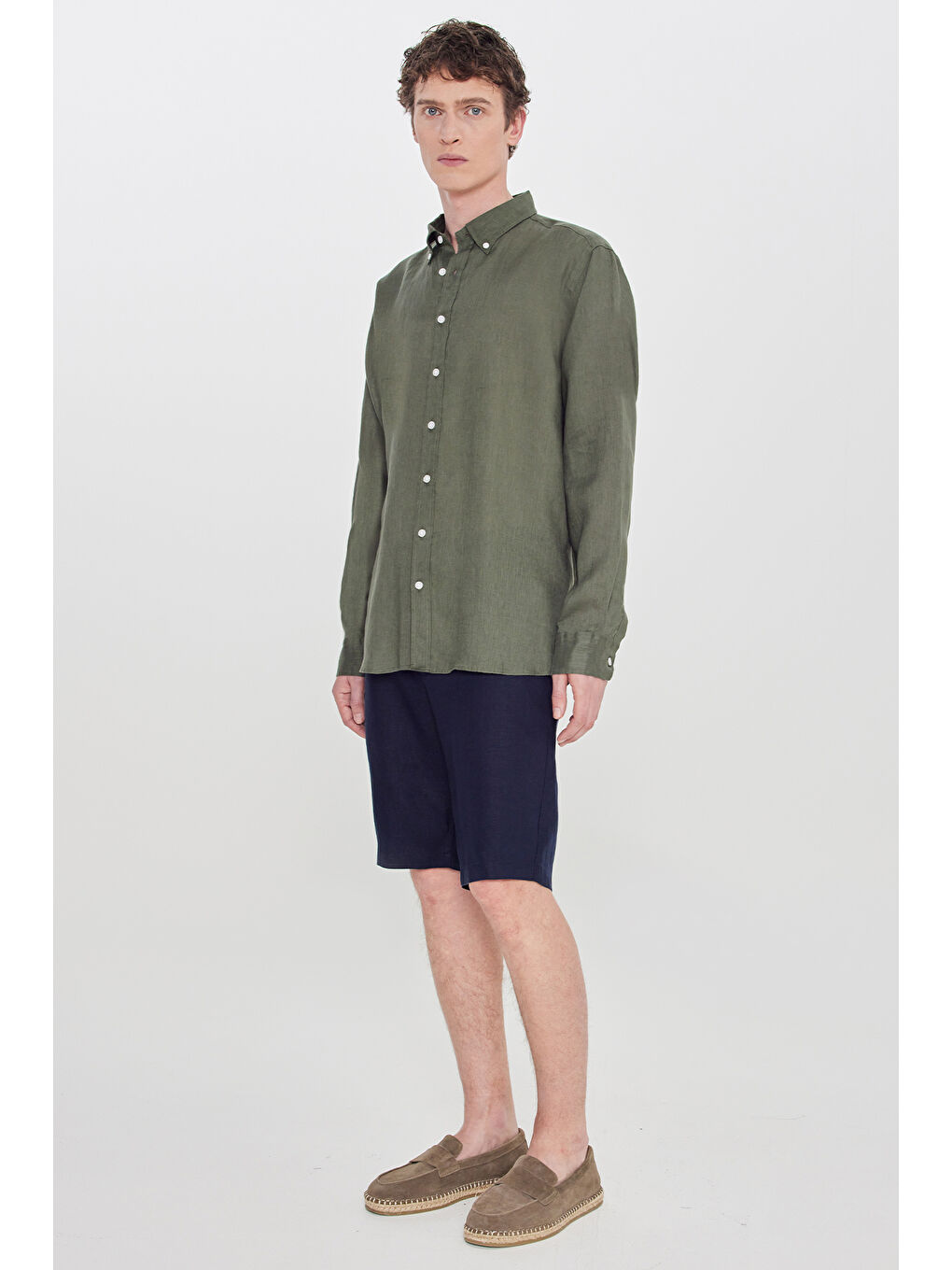 Erkek Haki Comfort Fit Rahat Kesim Düğmeli Yaka Gömlek-1