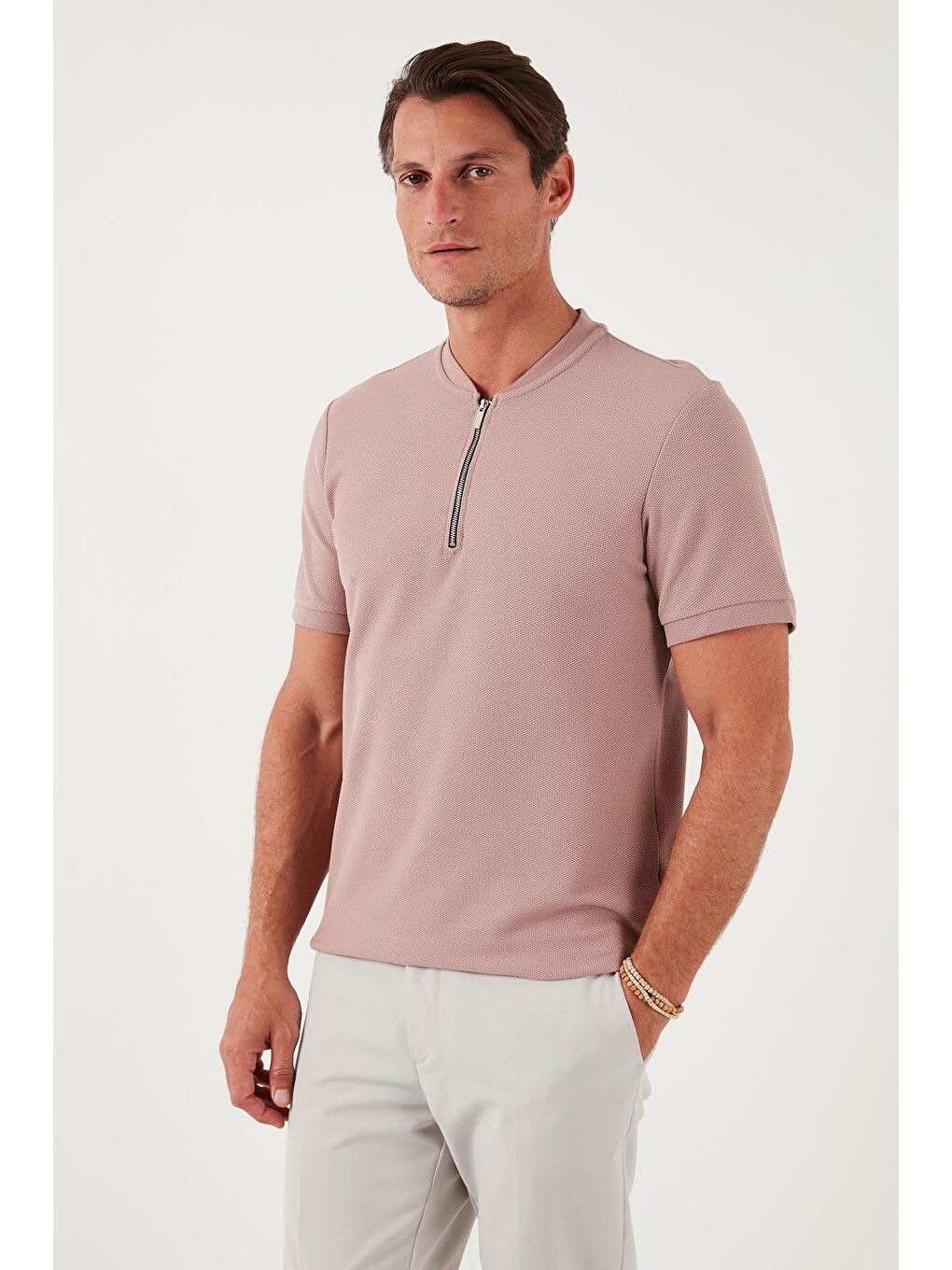 Buratti Pudra Pembe Pamuklu Regular Fit Yarım Fermuarlı Erkek T Shirt 5902653 - 3