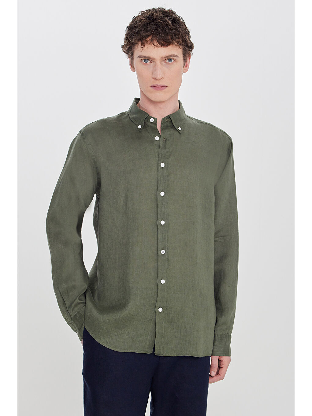 Erkek Haki Comfort Fit Rahat Kesim Düğmeli Yaka Gömlek-2