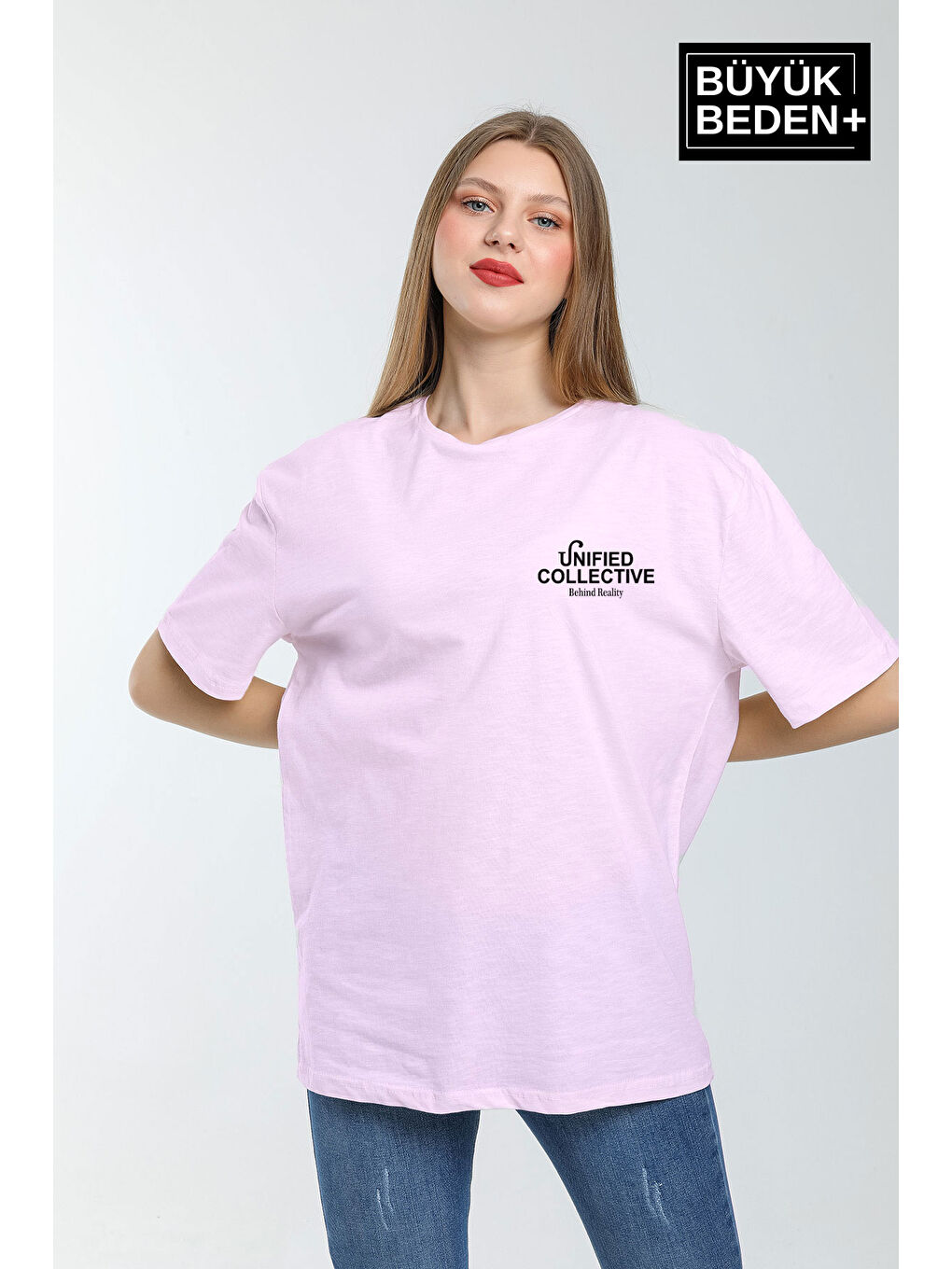 Pembe Kadın Büyük Beden Unified Collective Baskılı Bisiklet Yaka Tshırt SPR25BTSK905