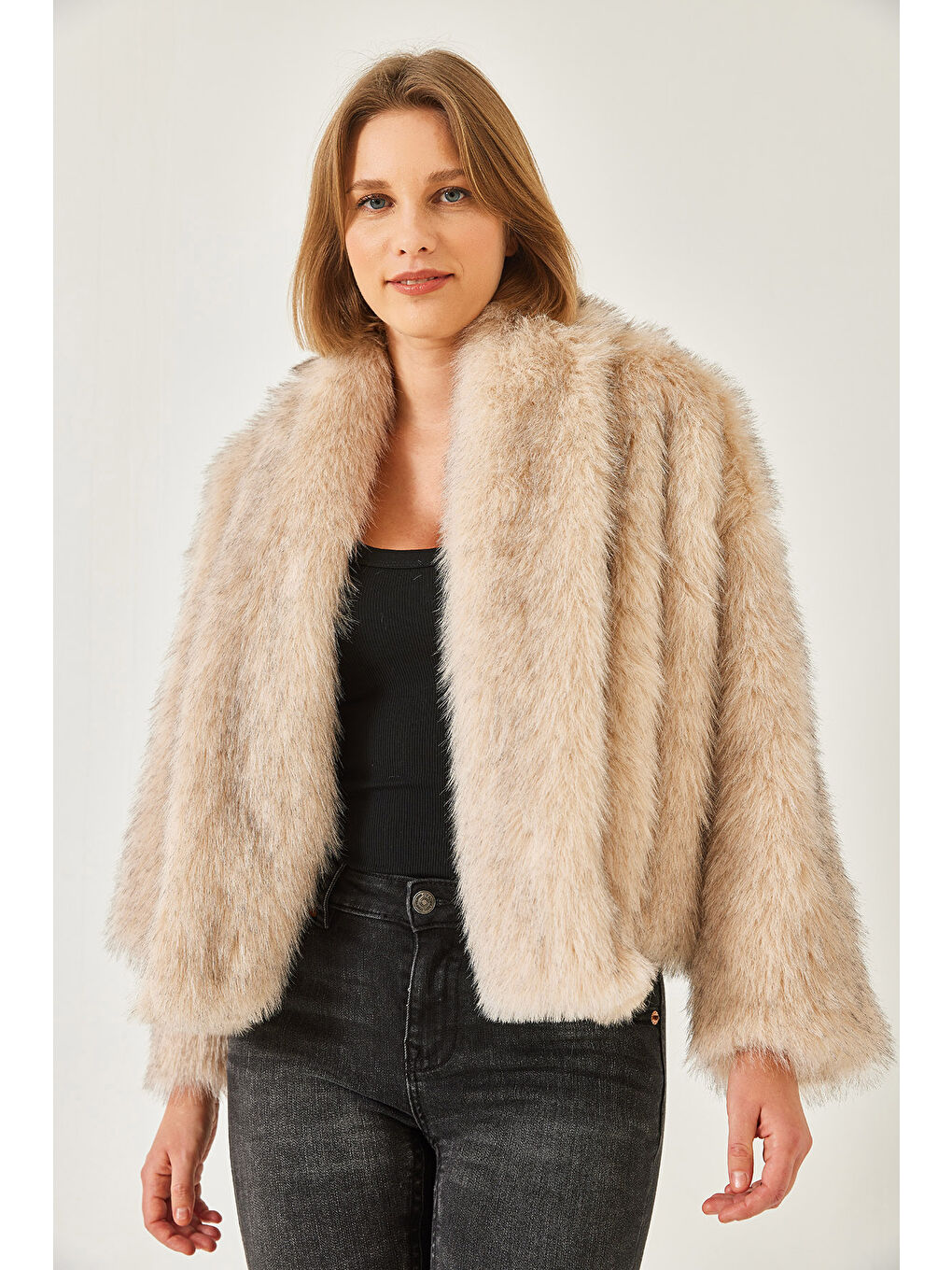Bej Kadın Premium Suni Kürk Ceket-1