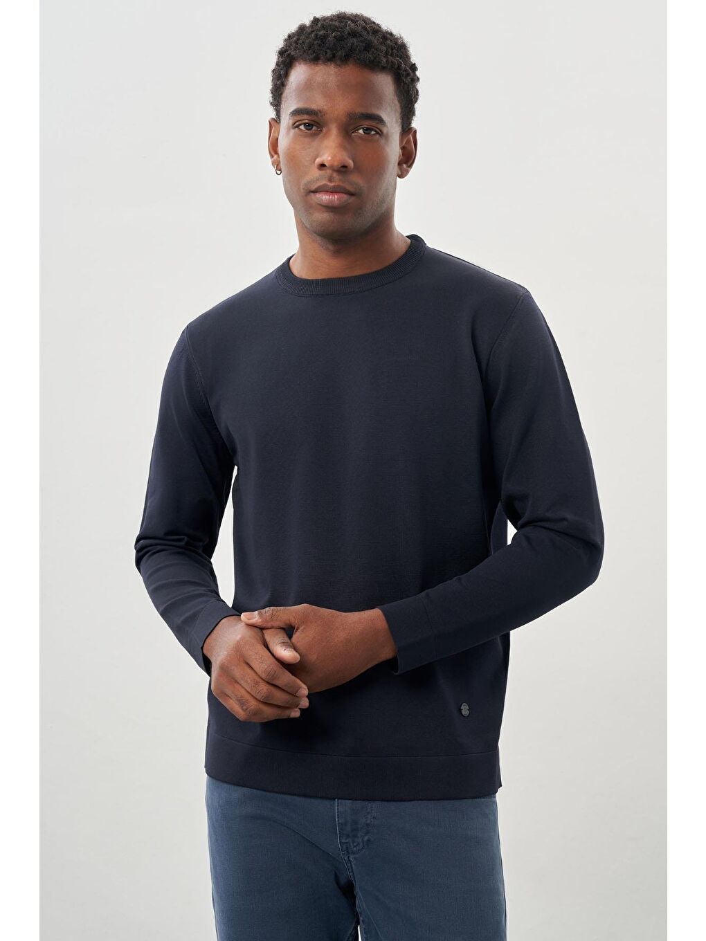 Lacivert Uzun Kollu Örme Bisiklet Yaka Pamuklu Slim Fit Dar Kesim Triko 1012245151