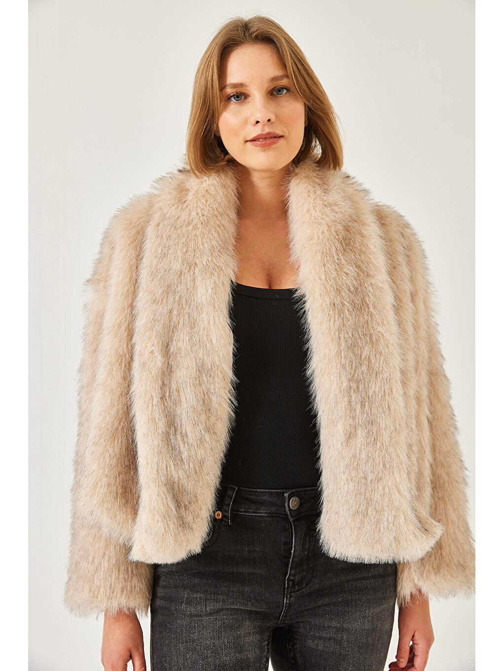Bej Kadın Premium Suni Kürk Ceket-3