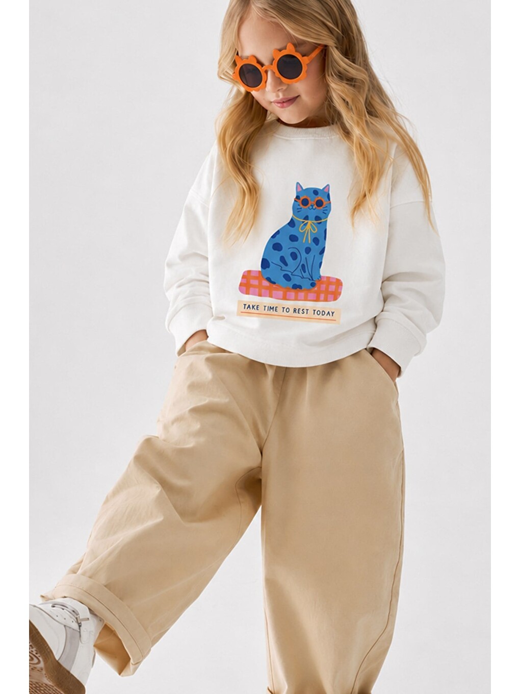 Ekru Kız Çocuk 3 İplik Kumaş Pamuklu Mavi Kedi Baskılı Sweatshirt