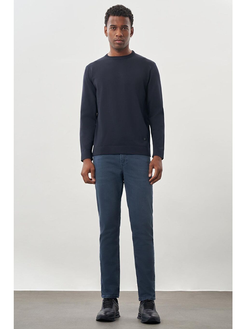 Lacivert Uzun Kollu Örme Bisiklet Yaka Pamuklu Slim Fit Dar Kesim Triko 1012245151-1