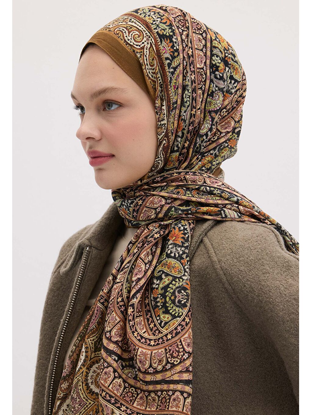 Kahverengi Nordıc Paısley Desen Şal Camel-3