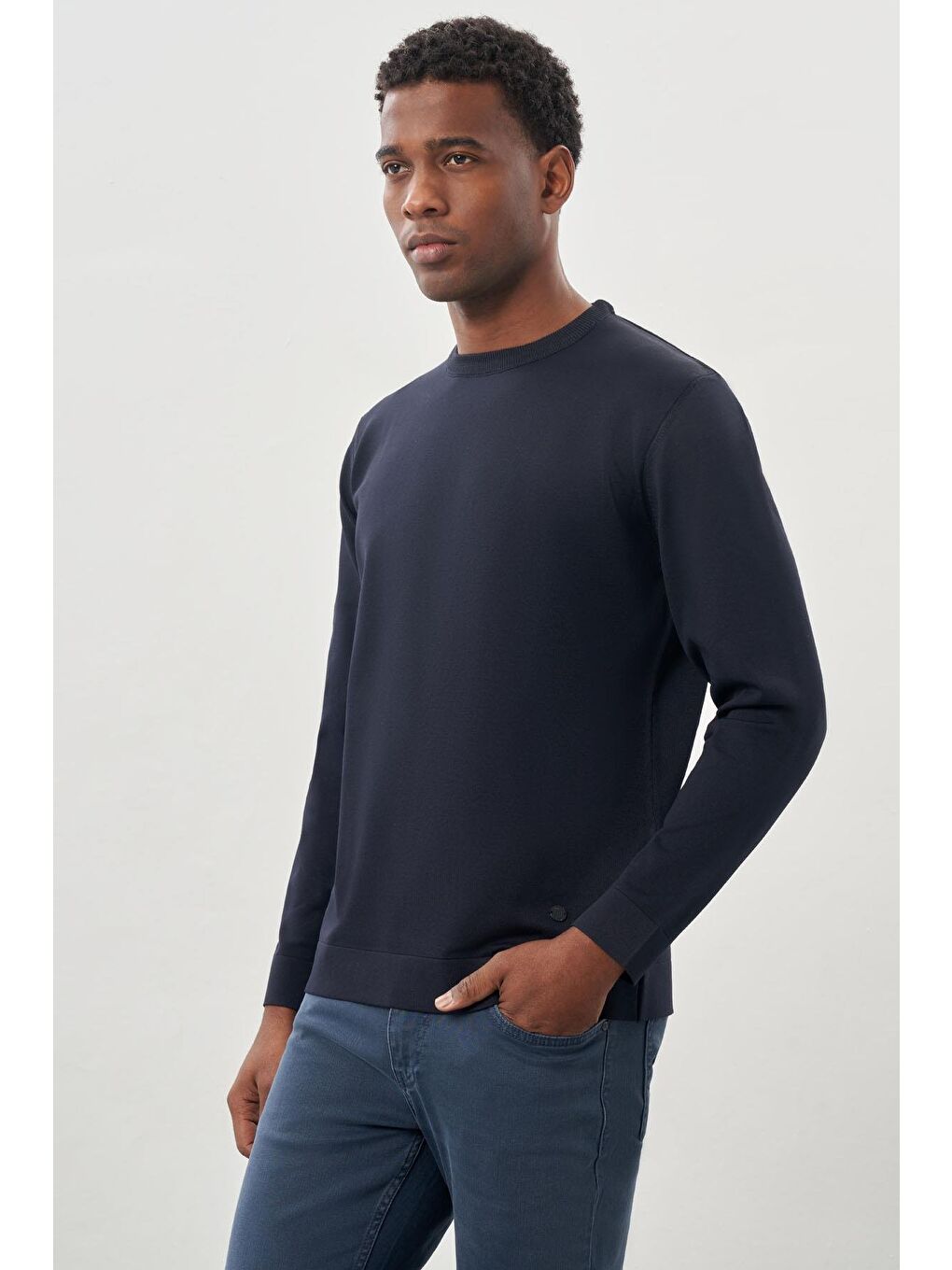 Lacivert Uzun Kollu Örme Bisiklet Yaka Pamuklu Slim Fit Dar Kesim Triko 1012245151-2