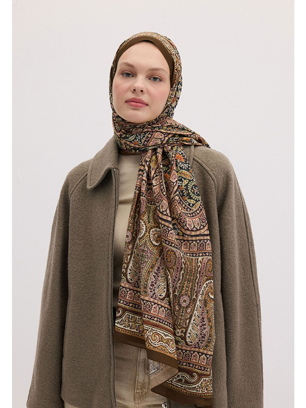 Kahverengi Nordıc Paısley Desen Şal Camel-4