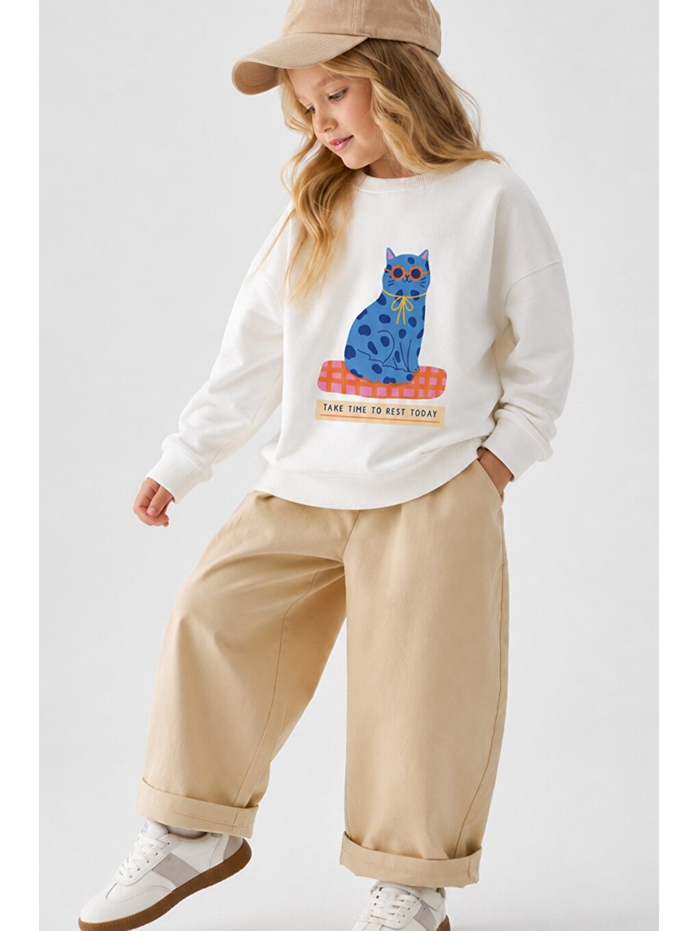 Ekru Kız Çocuk 3 İplik Kumaş Pamuklu Mavi Kedi Baskılı Sweatshirt-4