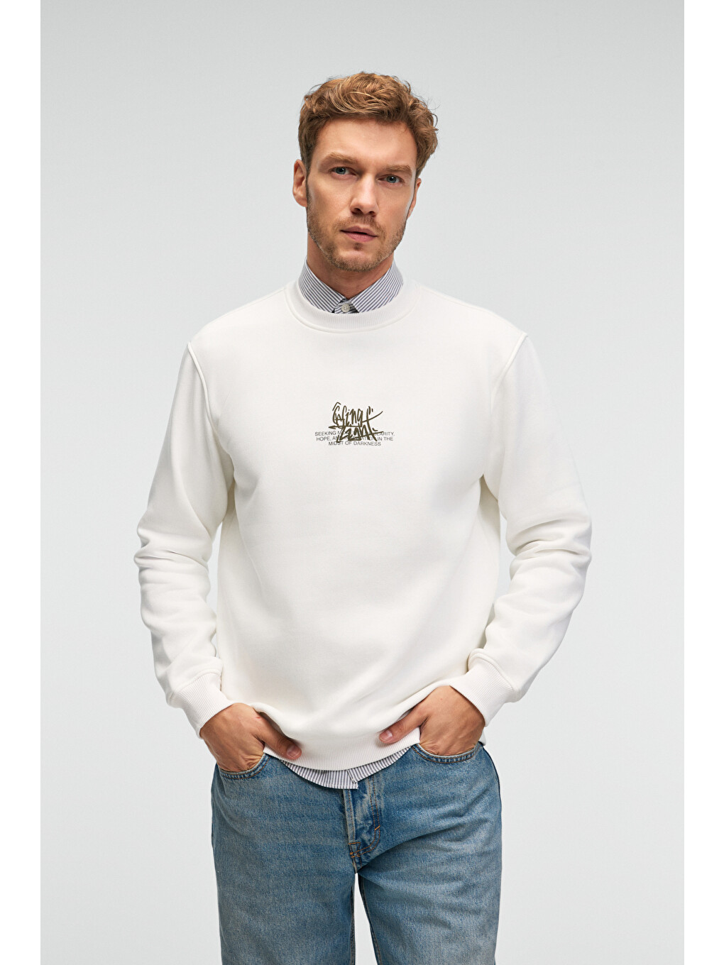 Irvıng Erkek Yuvarlak Yaka Göğsü Ve Önü Regular Fit Ekru Sweatshirt