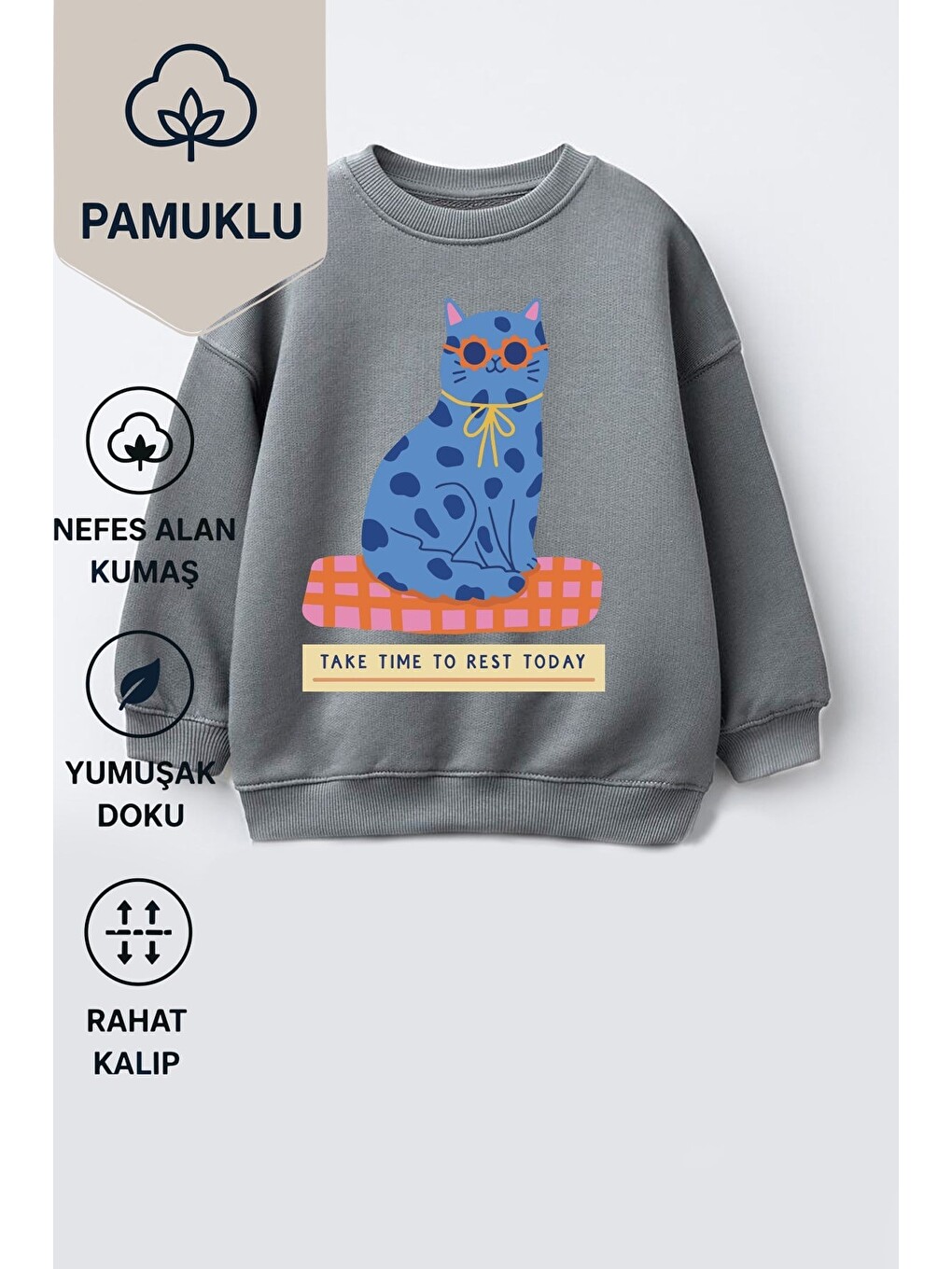 Antrasit Kız Çocuk 3 İplik Kumaş Pamuklu Mavi Kedi Baskılı Sweatshirt-1