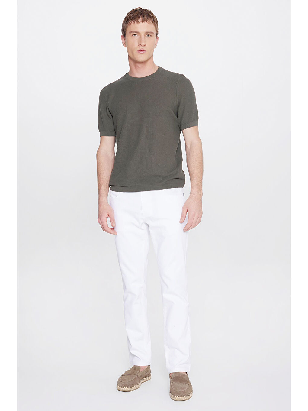 Erkek Haki %100 Pamuk Standart Fit Normal Kesim Bisiklet Yaka Jakarlı Triko Tişört-1