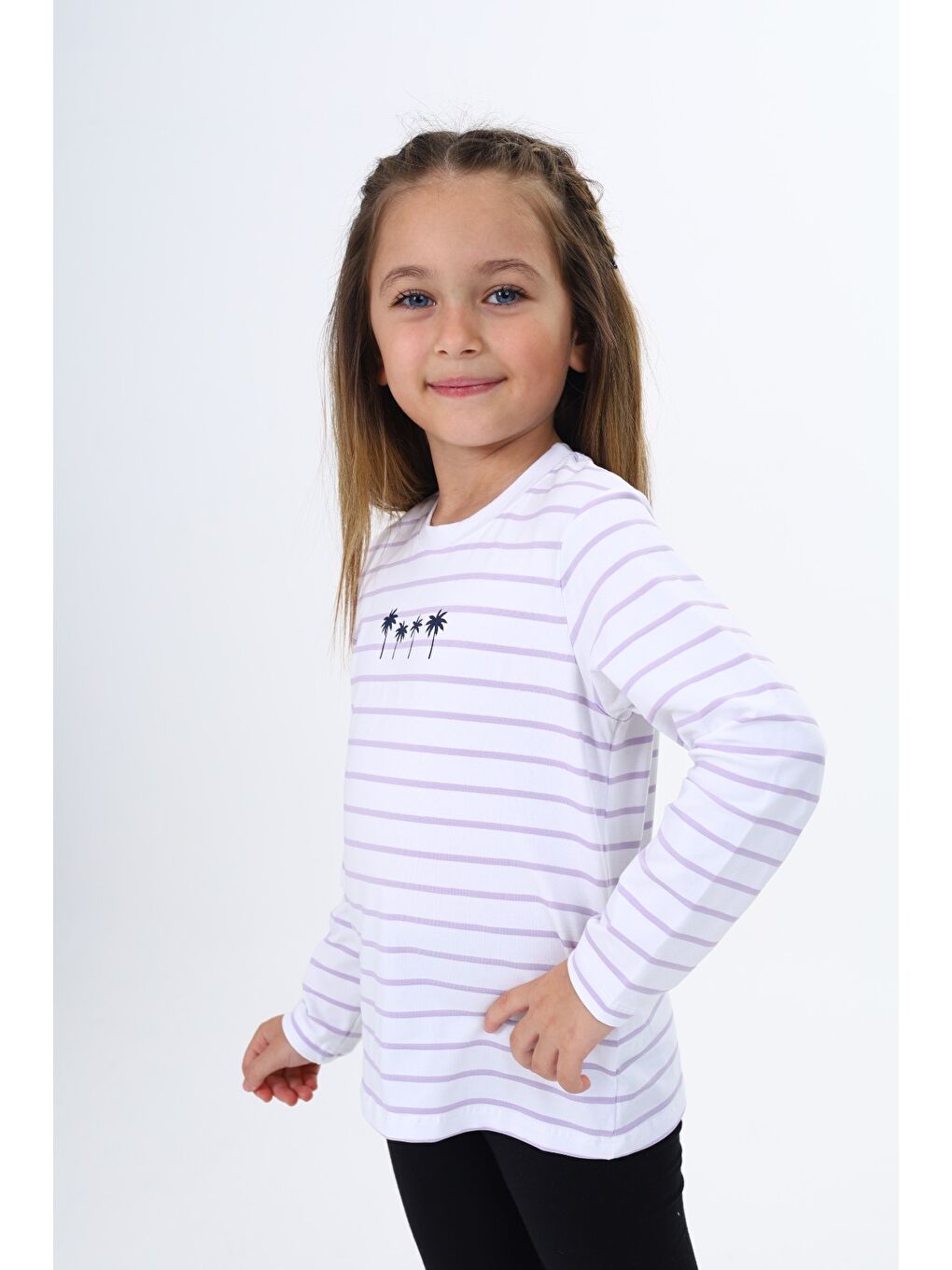 Lila Kız Çocuk Çizgili Tişört-2