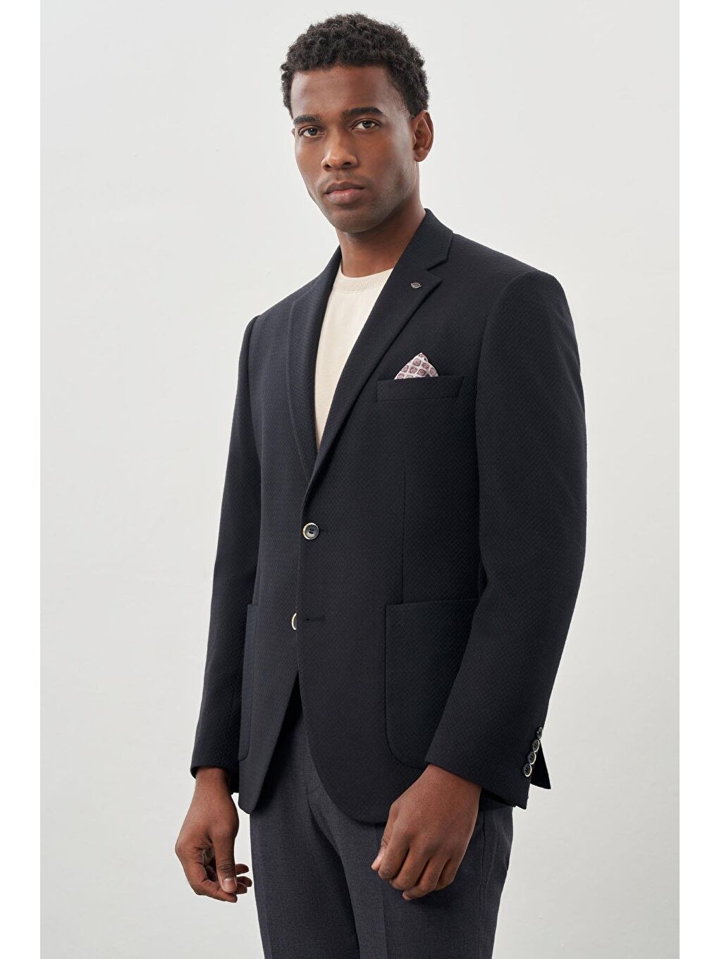Koyu Lacivert Desenli Örme Mono Yaka Tam Astar Esnek 6 Drop Comfort Fit Casual Ceket 1002245163