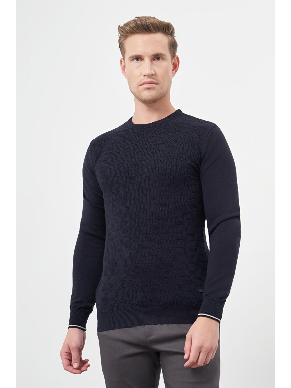 Koyu Lacivert Uzun Kol Kendinden Desenli Örme Bisiklet Yaka Classic Slim Fit Triko 1012245200