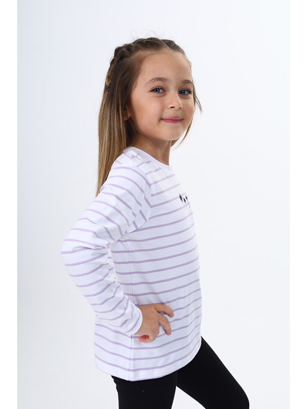 Lila Kız Çocuk Çizgili Tişört-3