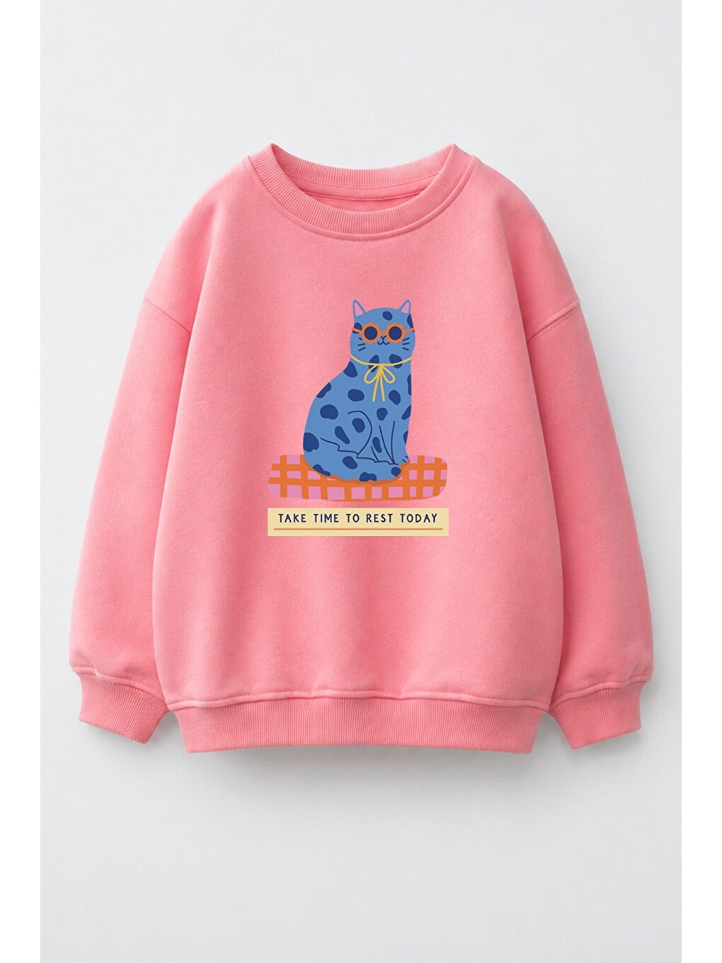 Pembe Kız Çocuk 3 İplik Kumaş Pamuklu Mavi Kedi Baskılı Sweatshirt