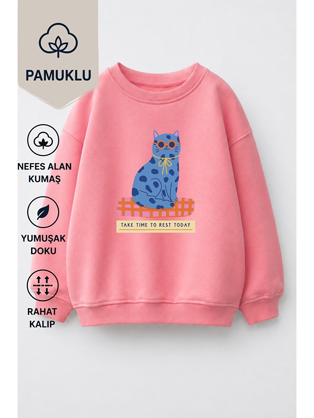 Pembe Kız Çocuk 3 İplik Kumaş Pamuklu Mavi Kedi Baskılı Sweatshirt-1