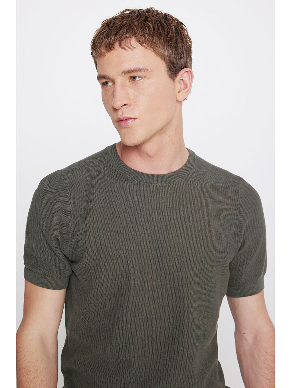 Erkek Haki %100 Pamuk Standart Fit Normal Kesim Bisiklet Yaka Jakarlı Triko Tişört-3