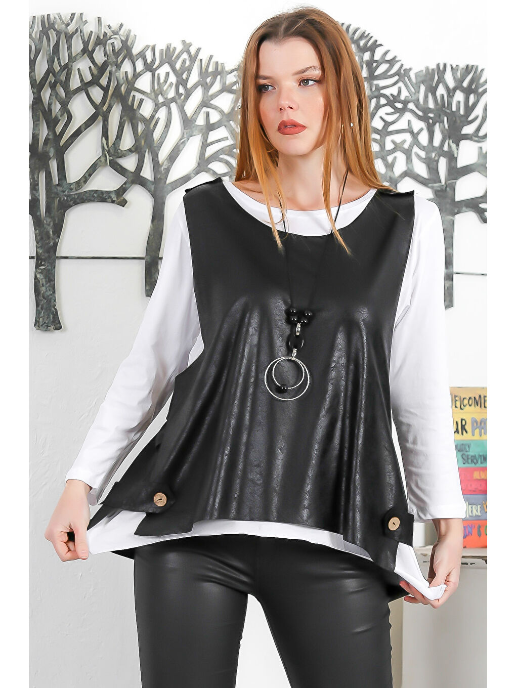 İkili Set Siyah Kayık Yaka Uzun Kol Kolyeli Casual Suni Deri Örme Yelek Ve Bluz