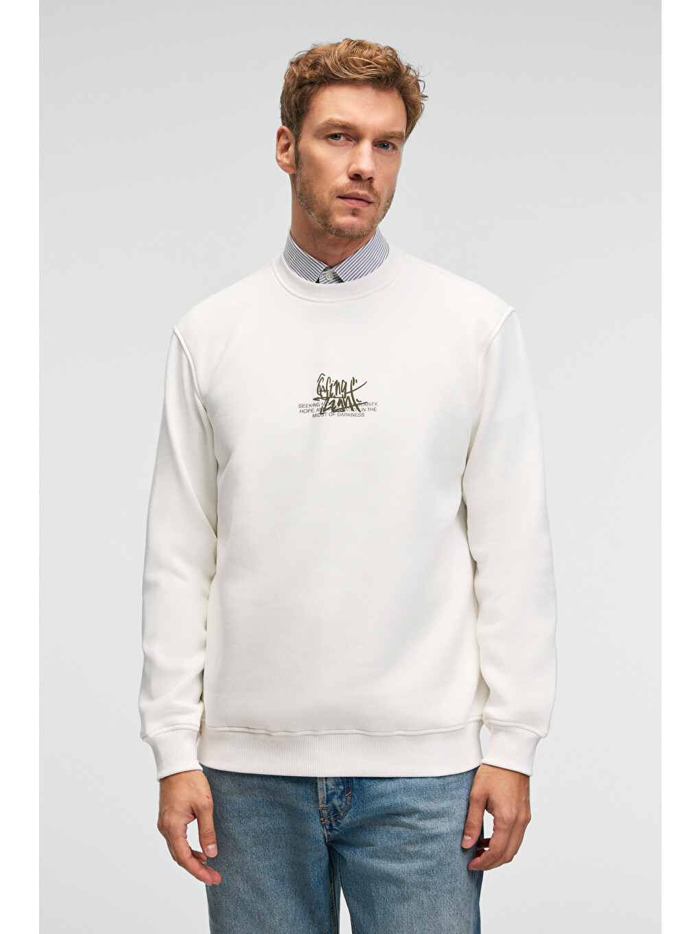Irvıng Erkek Yuvarlak Yaka Göğsü Ve Önü Regular Fit Ekru Sweatshirt-1