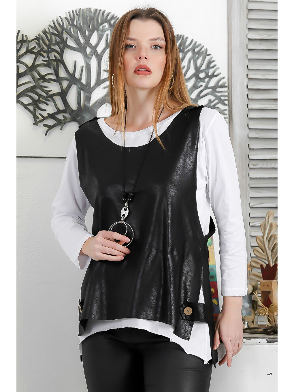 İkili Set Siyah Kayık Yaka Uzun Kol Kolyeli Casual Suni Deri Örme Yelek Ve Bluz-3