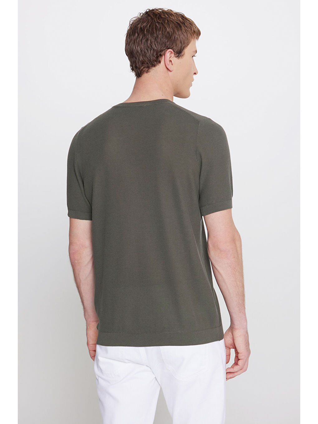 Erkek Haki %100 Pamuk Standart Fit Normal Kesim Bisiklet Yaka Jakarlı Triko Tişört-4