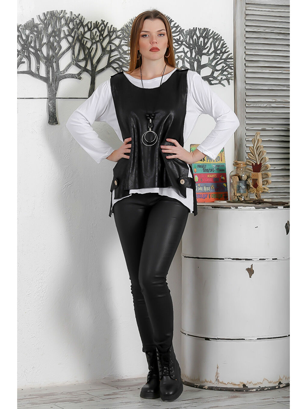 İkili Set Siyah Kayık Yaka Uzun Kol Kolyeli Casual Suni Deri Örme Yelek Ve Bluz-6