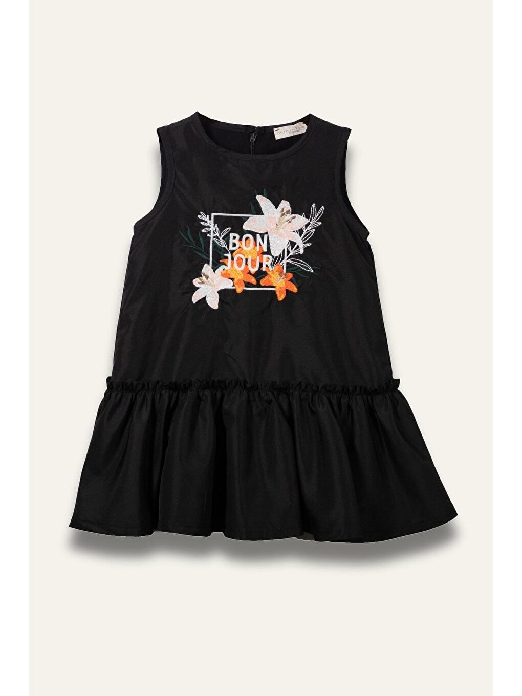 Kız Çocuk Çiçek Nakışlı Kolsuz Elbise - Siyah