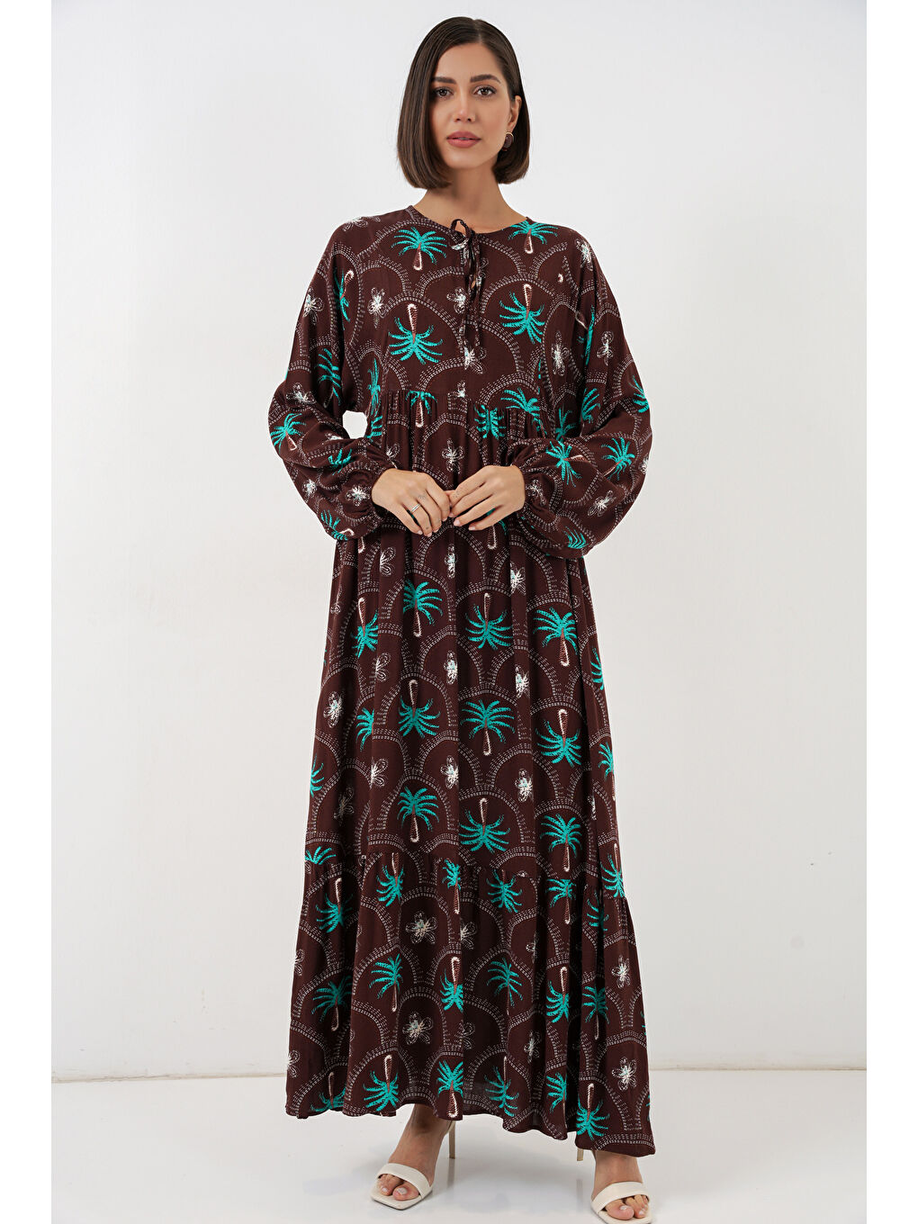 Kadın Desenli Tesettür Elbise 2594 - Kahverengi-1