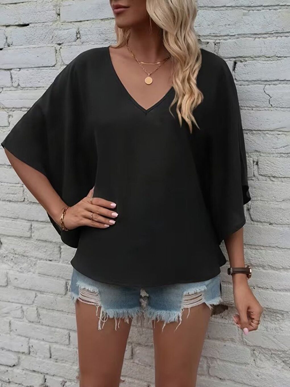 Siyah Kadın Kısa Kollu V Yakalı Salaş Viskon Bluz-1