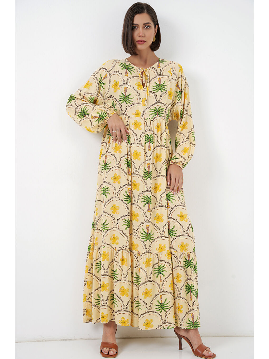 Kadın Desenli Tesettür Elbise 2594 - Sarı