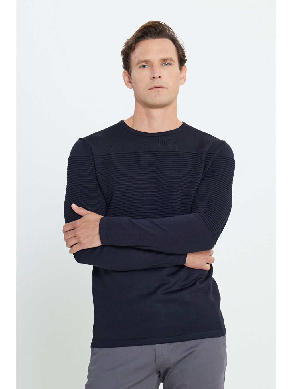 Erkek Lacivert Anti-Pilling Özellikli Tüylenme Yapmayan Standart Fit Bisiklet Yaka Çizgi Dokulu-2