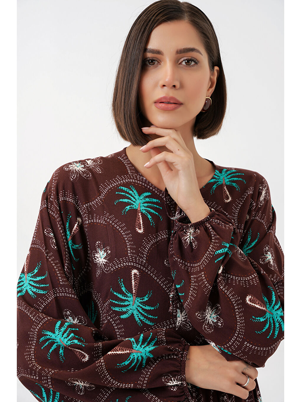 Kadın Desenli Tesettür Elbise 2594 - Kahverengi-2