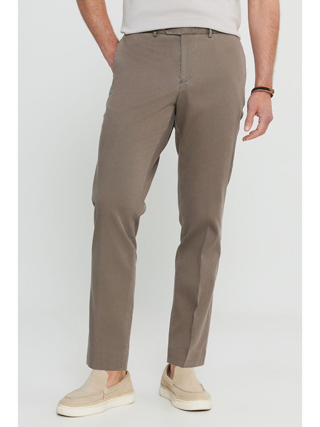 Bej Erkek Vizon Pamuklu Slim Fit Dar Kesim Yan Cep Casual Pantolon