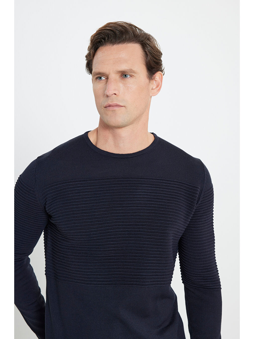 Erkek Lacivert Anti-Pilling Özellikli Tüylenme Yapmayan Standart Fit Bisiklet Yaka Çizgi Dokulu-3