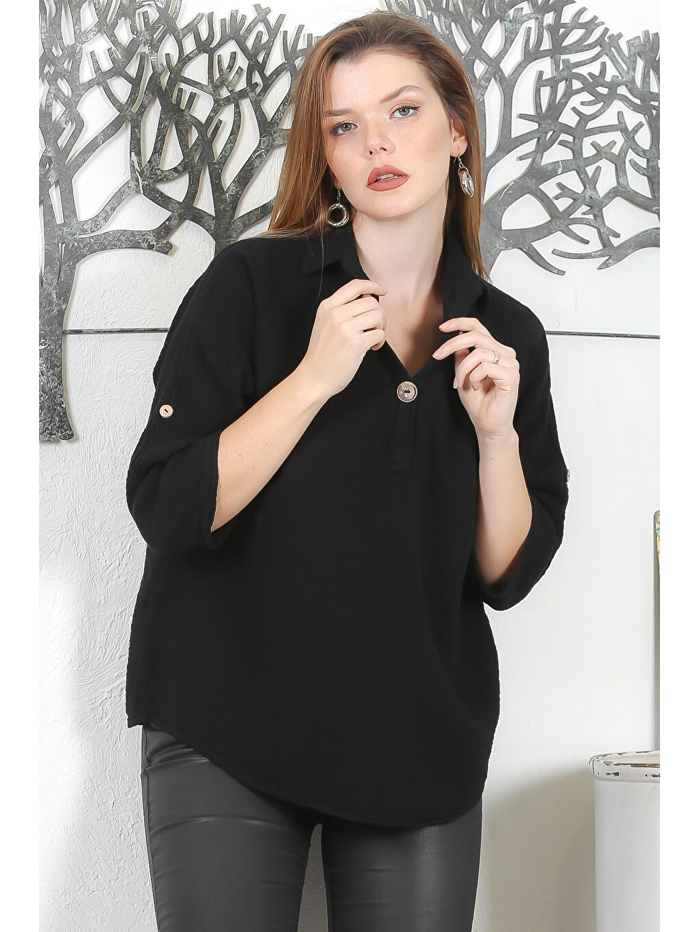 Siyah Gömlek Yaka Düğmeli 3/4 Kol Düğmeli Casual Müslin Dokuma Bluz-3