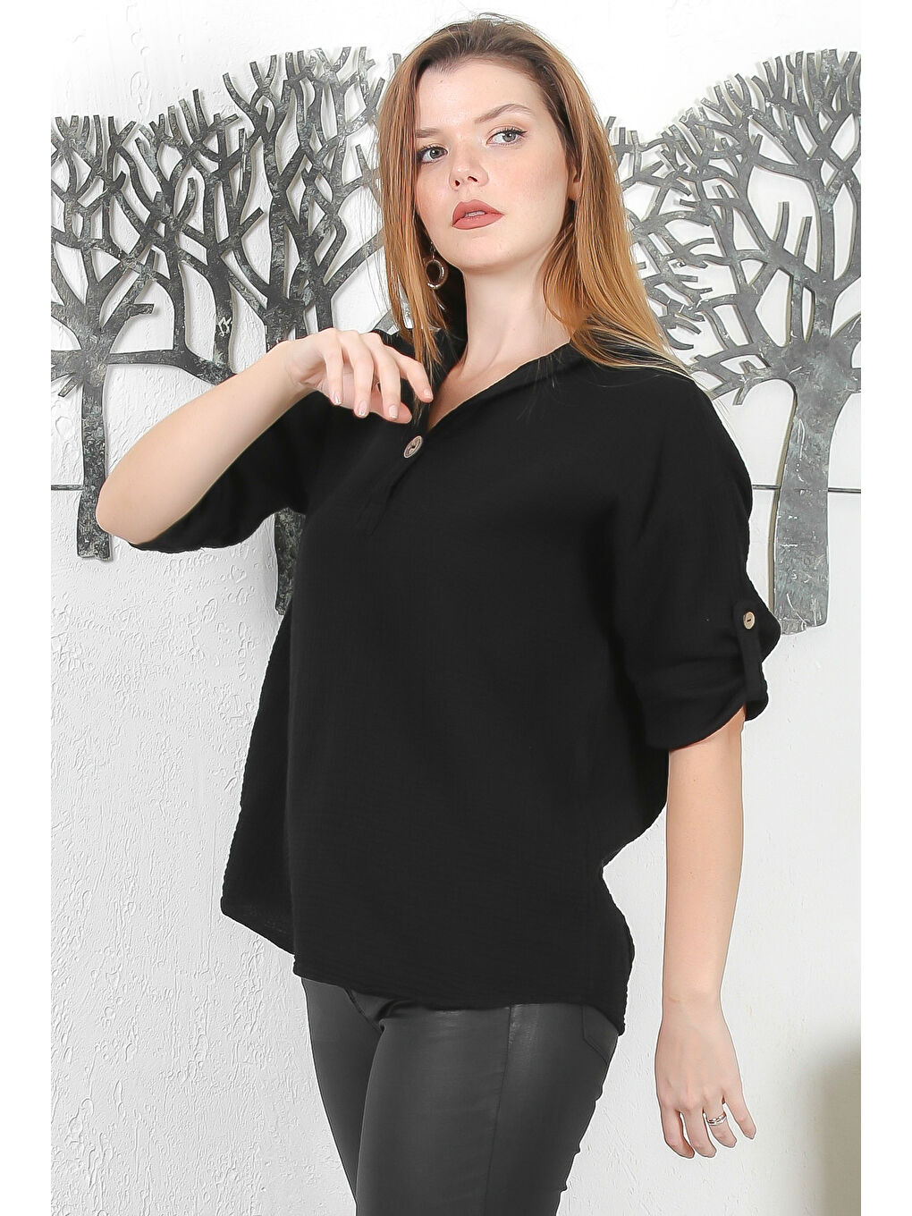 Siyah Gömlek Yaka Düğmeli 3/4 Kol Düğmeli Casual Müslin Dokuma Bluz-4