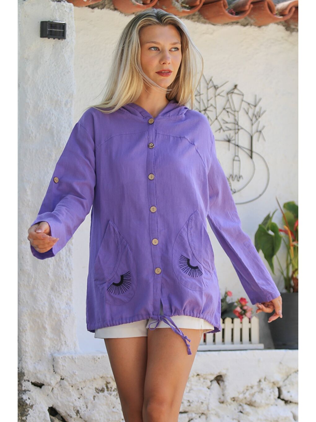 Lila Düğmeli Uzun Kollu Cepli Göz Nakışlı Pamuklu Dokuma Casual Kapüşonlu Ceket-4