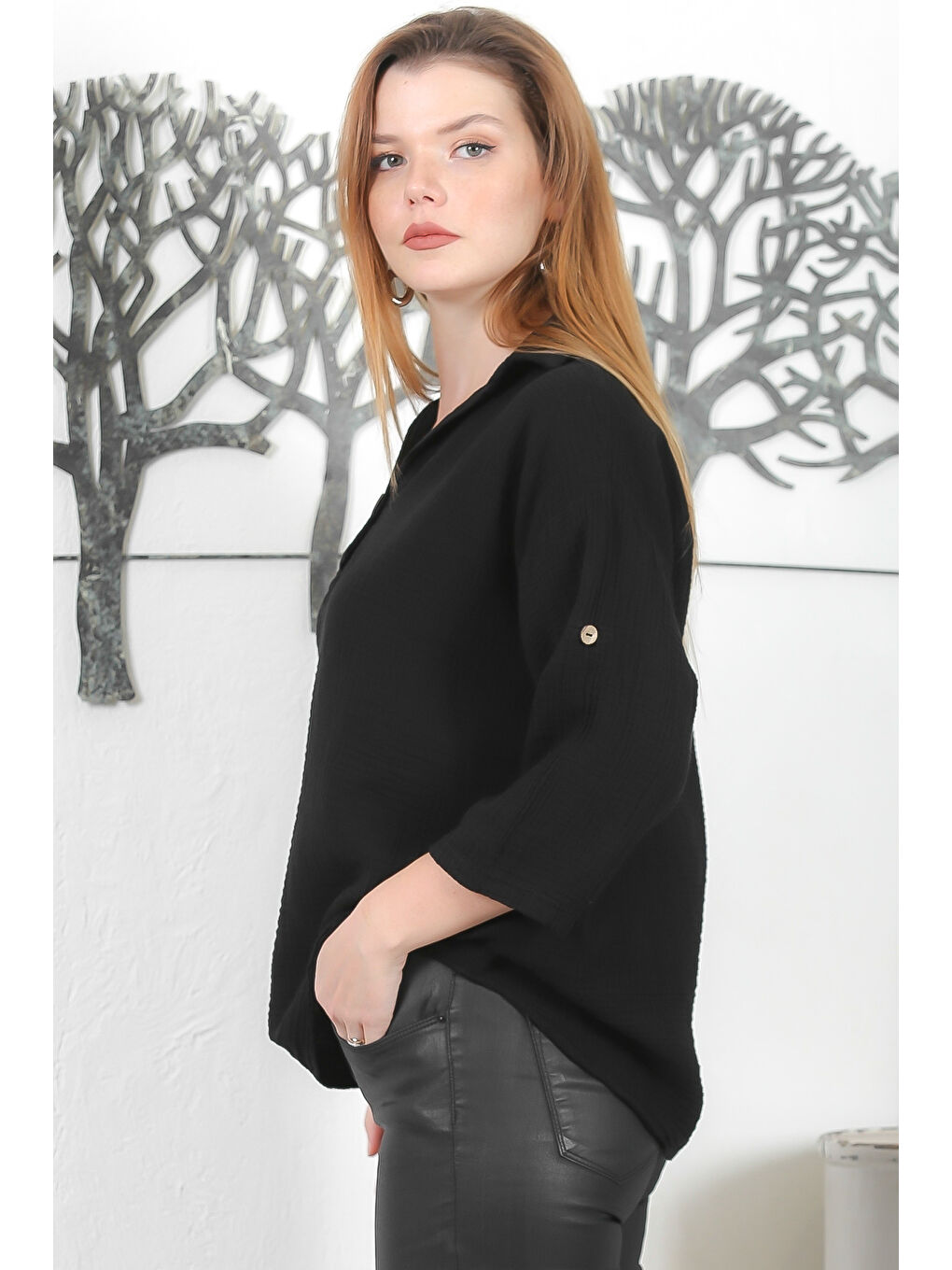 Siyah Gömlek Yaka Düğmeli 3/4 Kol Düğmeli Casual Müslin Dokuma Bluz-5