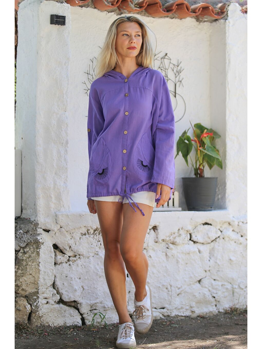 Lila Düğmeli Uzun Kollu Cepli Göz Nakışlı Pamuklu Dokuma Casual Kapüşonlu Ceket-5