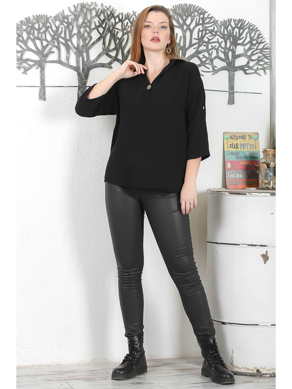 Siyah Gömlek Yaka Düğmeli 3/4 Kol Düğmeli Casual Müslin Dokuma Bluz-6