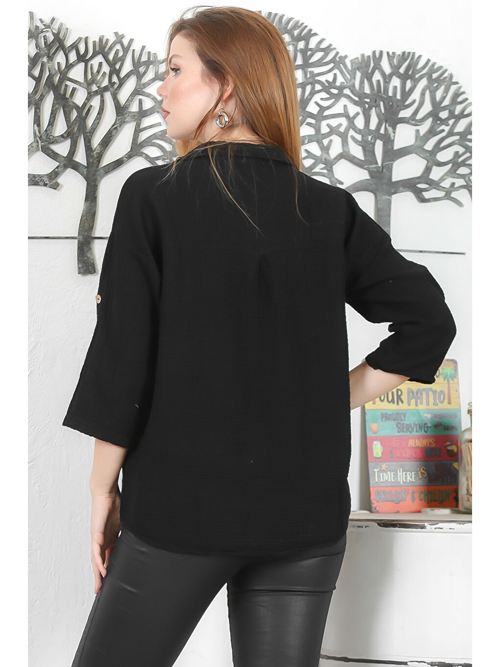 Siyah Gömlek Yaka Düğmeli 3/4 Kol Düğmeli Casual Müslin Dokuma Bluz-7