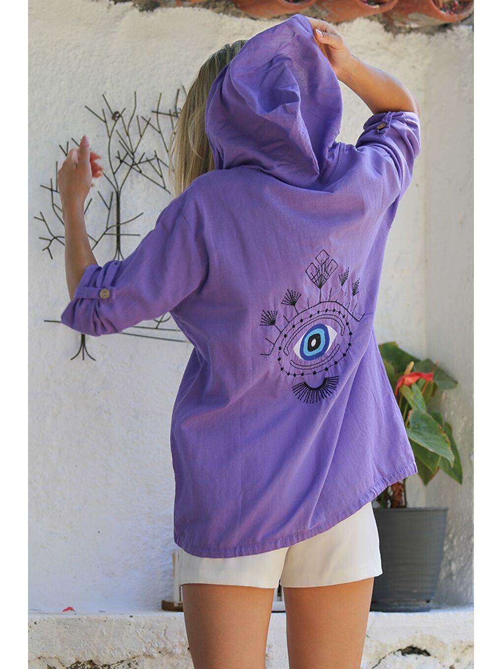 Lila Düğmeli Uzun Kollu Cepli Göz Nakışlı Pamuklu Dokuma Casual Kapüşonlu Ceket-7